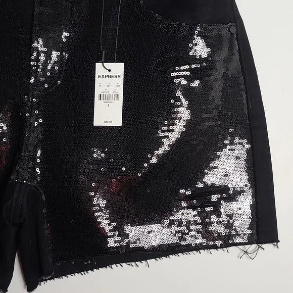 EXPRESS NWT Boyfriend Mid Rise Black Sequin Jean Shorts 100% Cotton Size 6 - Picture 7 of 16